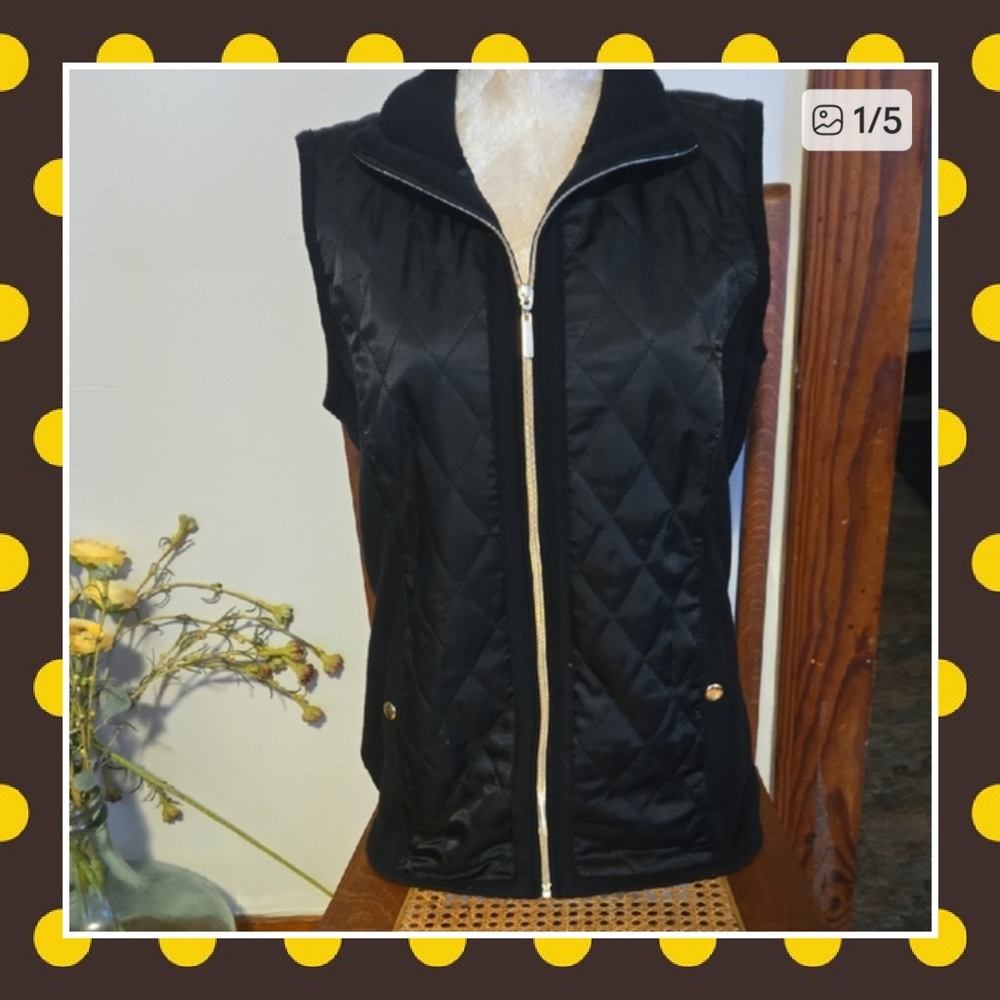 Susan Graver Black Quilted Vest with Gold Accents Size Small
